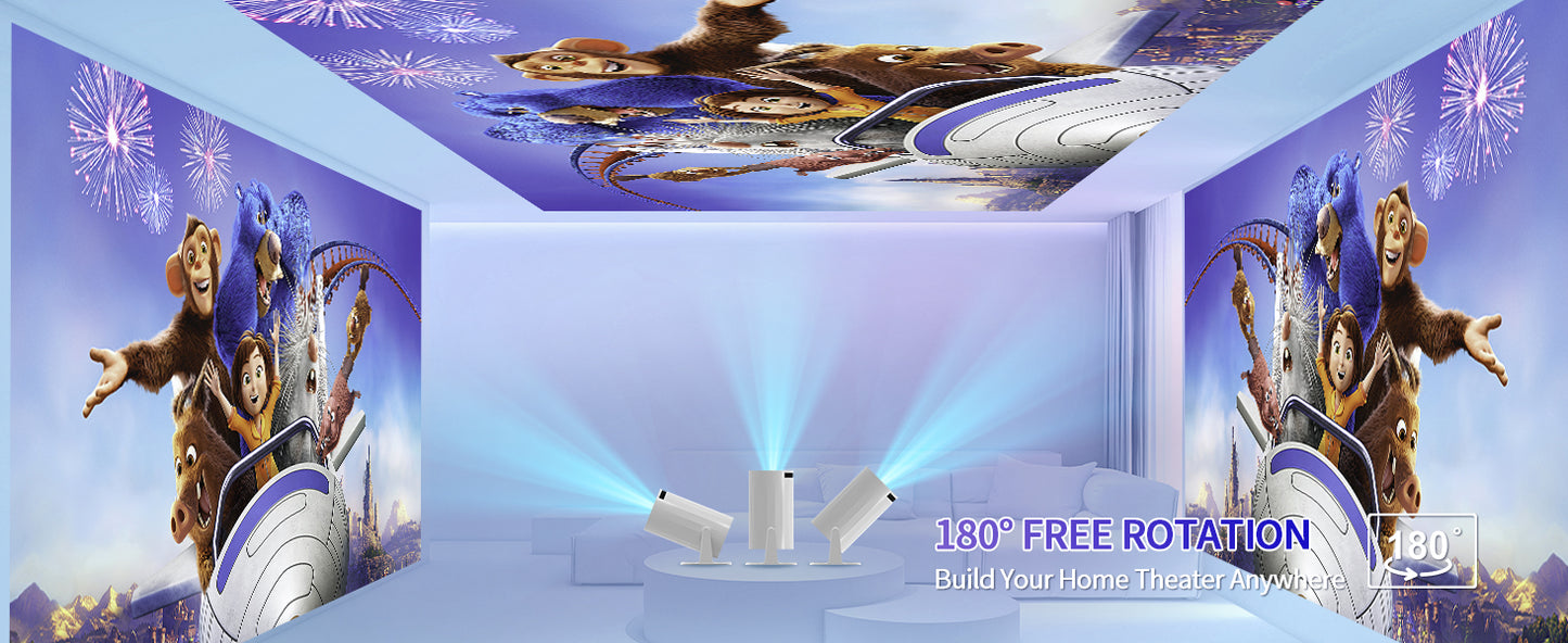 Mini projector portable,ceiling projector for bedroom, 4K Support Smart Portable Projector Auto Keystone , Voice Control, 180 Degree Rotation, Mini Projector with WiFi and Bluetooth
