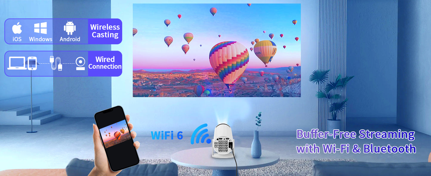 Mini projector portable,ceiling projector for bedroom, 4K Support Smart Portable Projector Auto Keystone , Voice Control, 180 Degree Rotation, Mini Projector with WiFi and Bluetooth