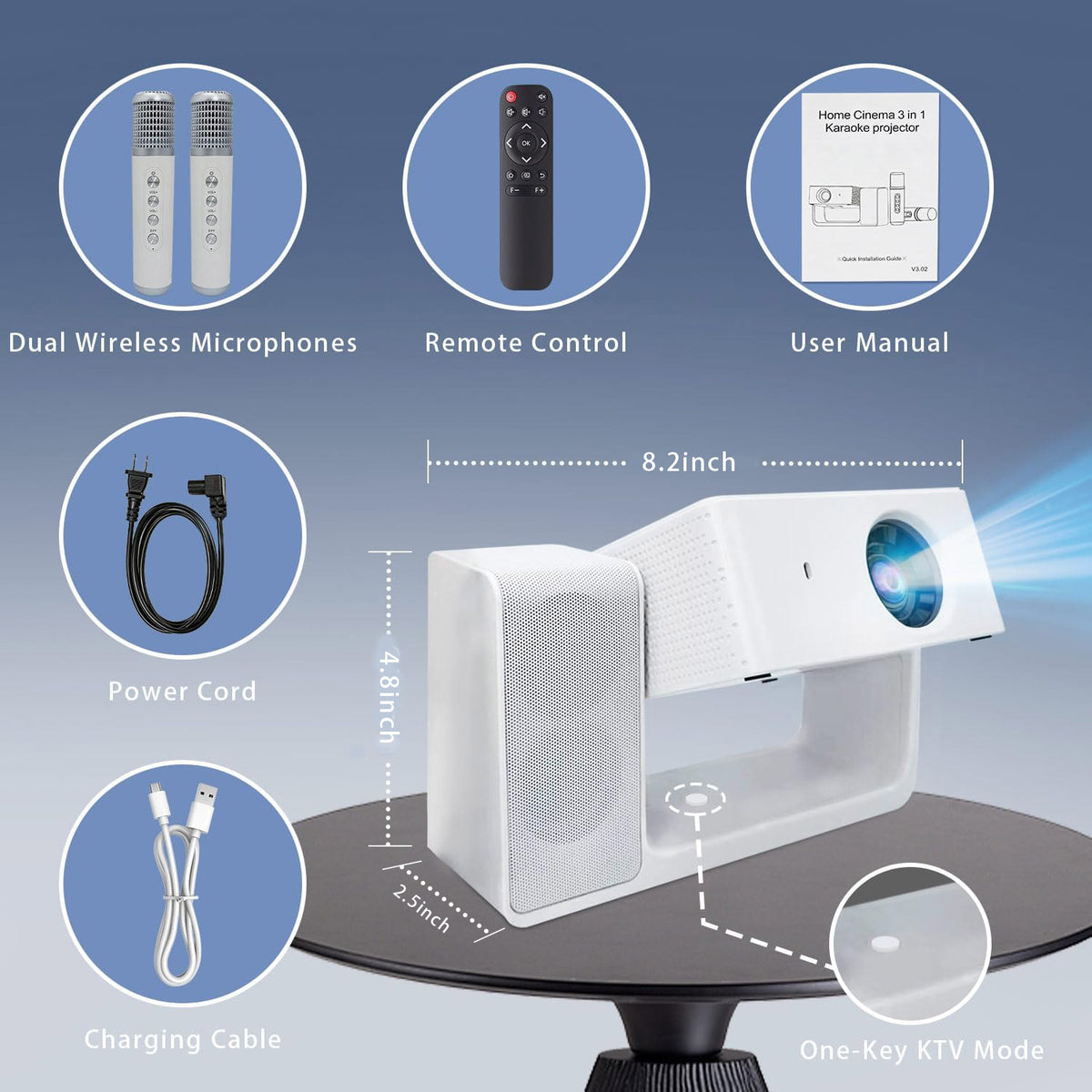 3-in-1 Karaoke Projector with Speaker, WiFi 1080P Bluetooth White 1080P WiFi 6, 4K Support, Auto Keystone and Electric Focus, 180° Ceiling Mount for Bedroom Home Theater, Android 13