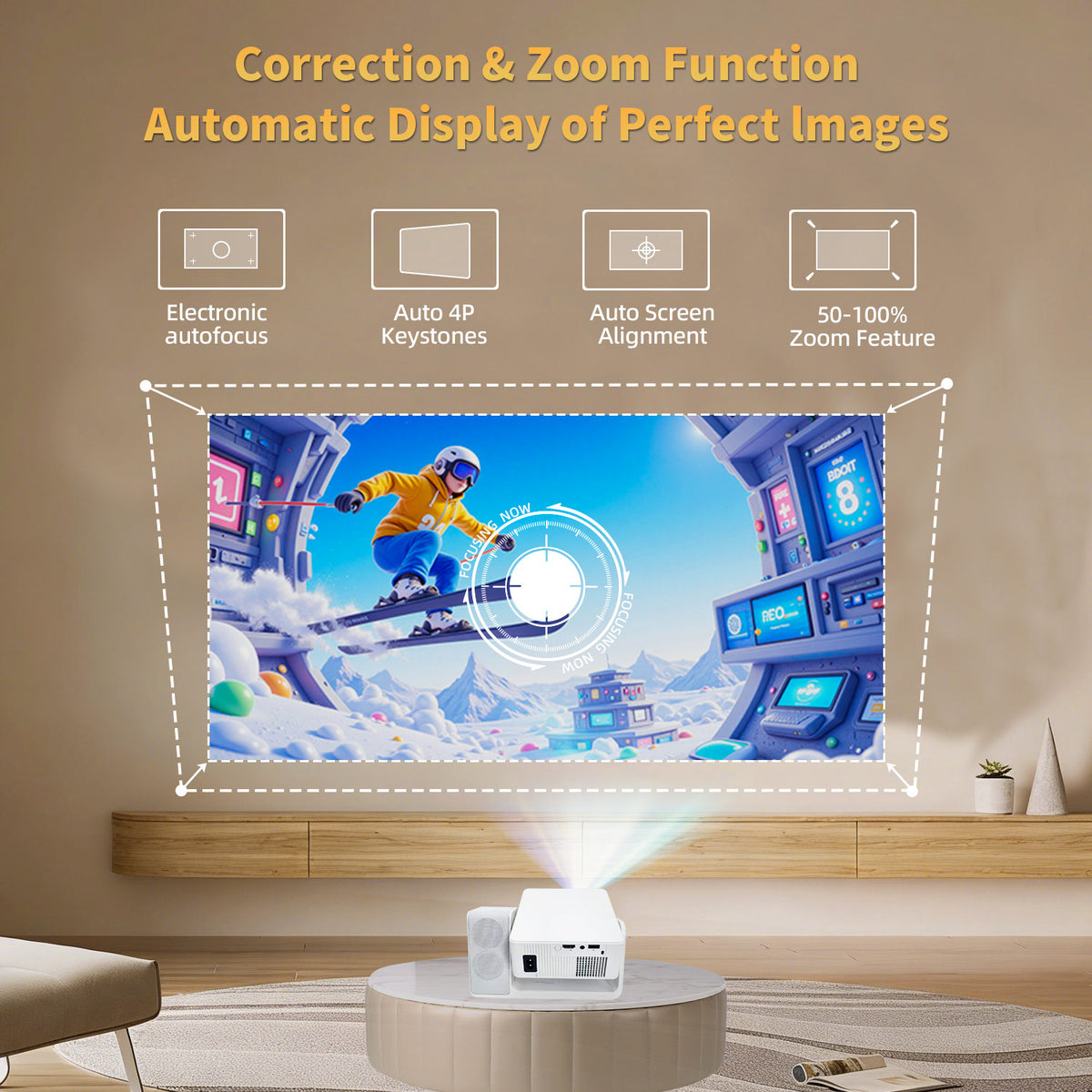 3-in-1 Karaoke Projector with Speaker, WiFi 1080P Bluetooth White 1080P WiFi 6, 4K Support, Auto Keystone and Electric Focus, 180° Ceiling Mount for Bedroom Home Theater, Android 13