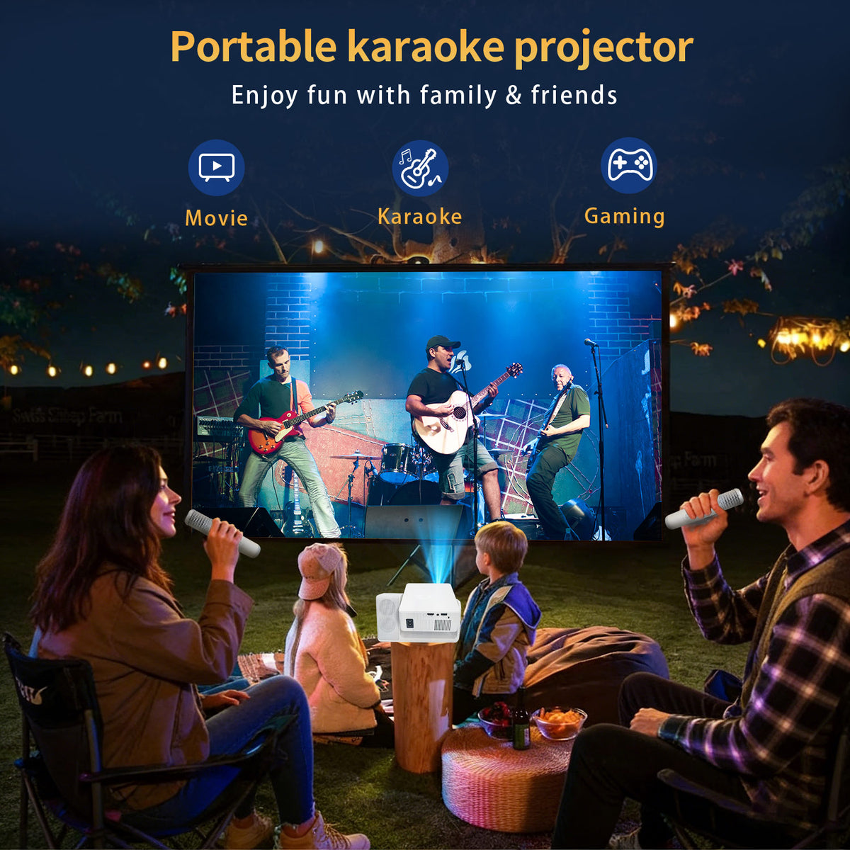 3-in-1 Karaoke Projector with Speaker, WiFi 1080P Bluetooth White 1080P WiFi 6, 4K Support, Auto Keystone and Electric Focus, 180° Ceiling Mount for Bedroom Home Theater, Android 13
